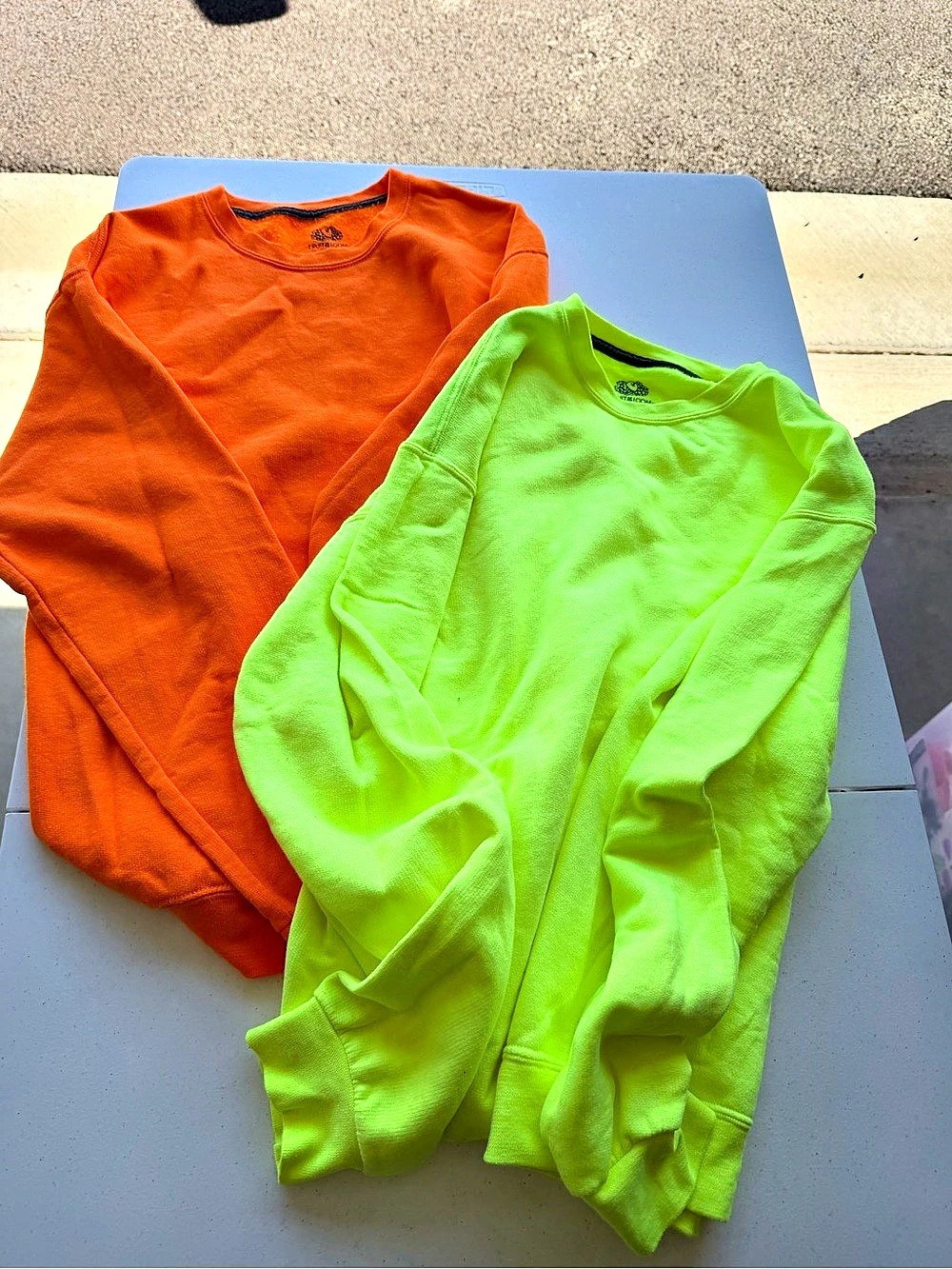 Fruit of the Loom Two-Pack Neon Crewneck Sweatshirts in Orange & Green/Yellow